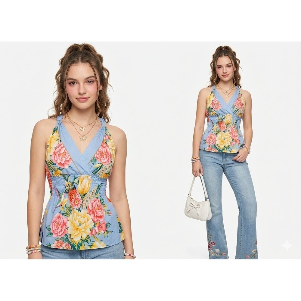 Edge Top S Floral Babydoll Halter Cinched Fairy Romantic Coquette Romantic Y2K
